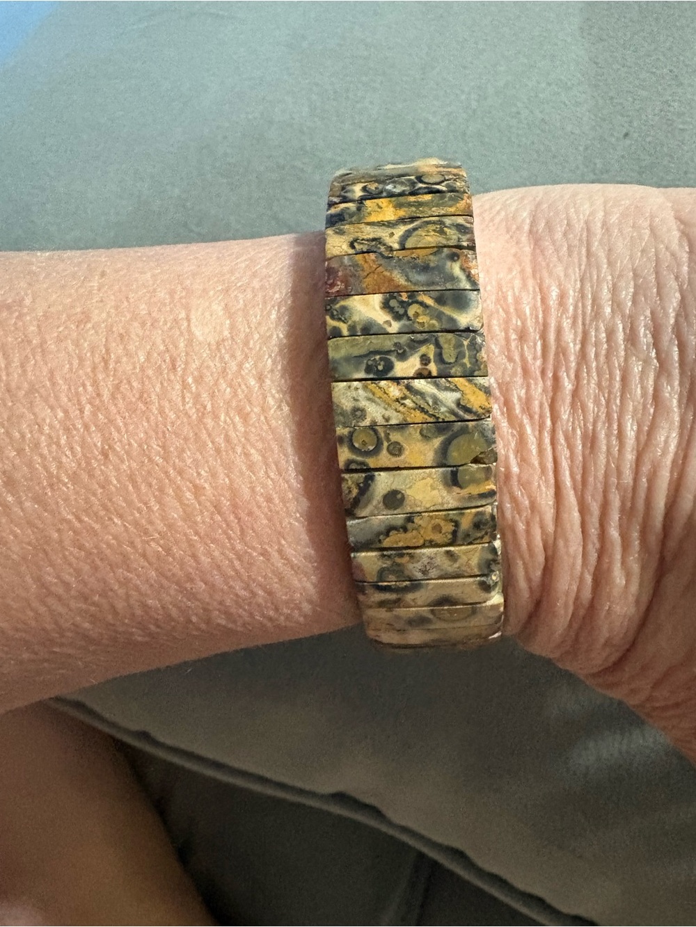Natural Leopardskin Jasper Overlay Stainless Steel Stretch Bracelet 6.5” Retro